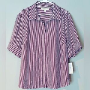 TOMMY HILFIGER Maroon & White Striped Short-Sleeved Button Down Blouse Size 22